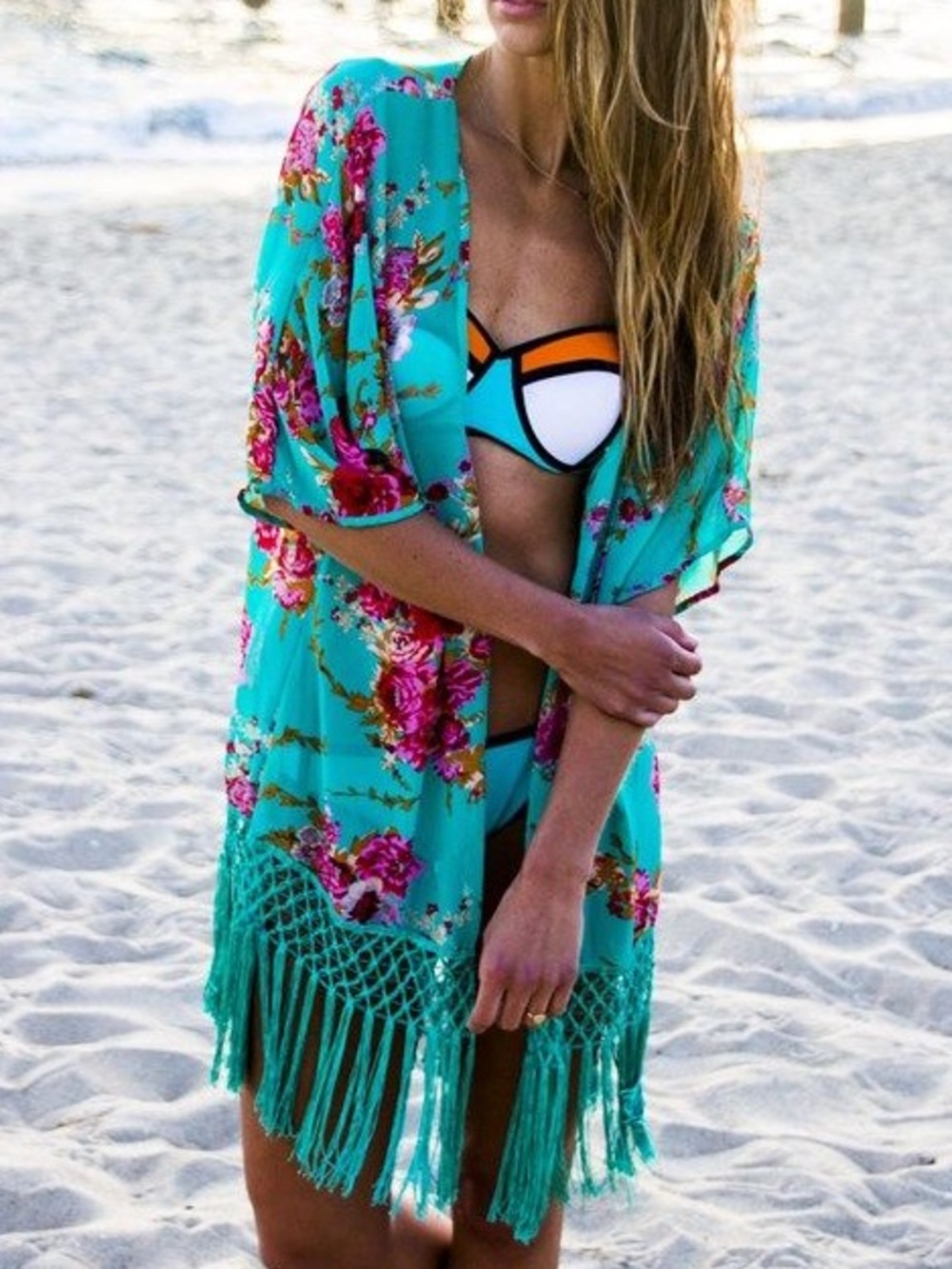Floral Teal Fringe Kimono Cover-Up Shawl Boho